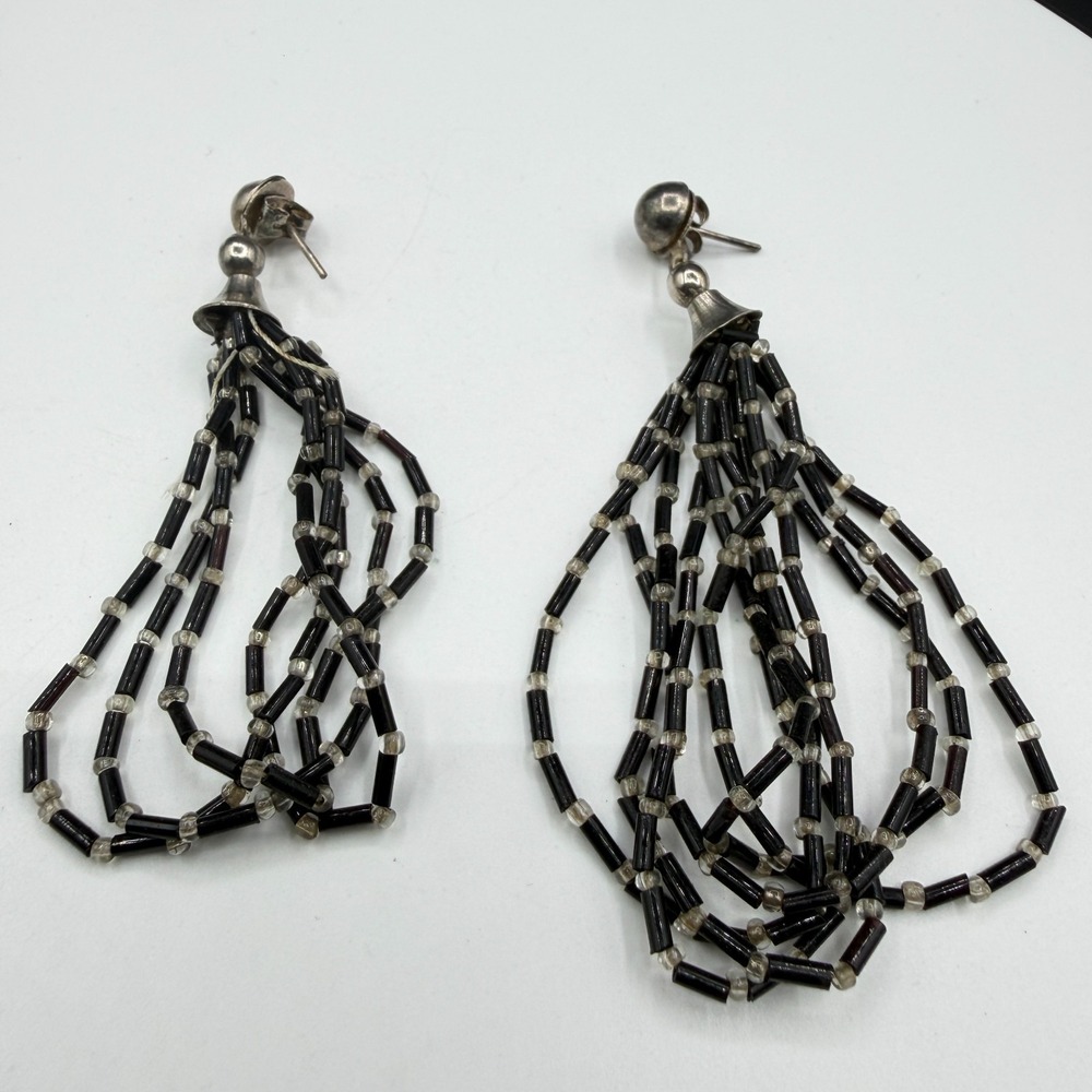 Black Bugle Bead Tassel Earrings Silver Tone Long Chandelier Dangle Statement